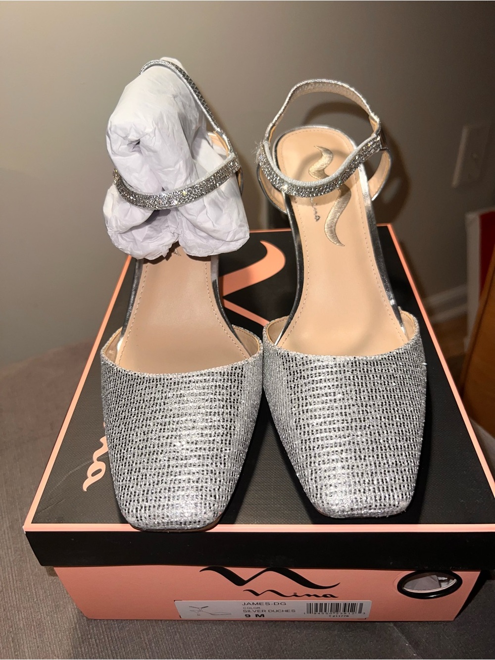 Nina Silver Glitter Ankle-Strap Square-Toe Heels